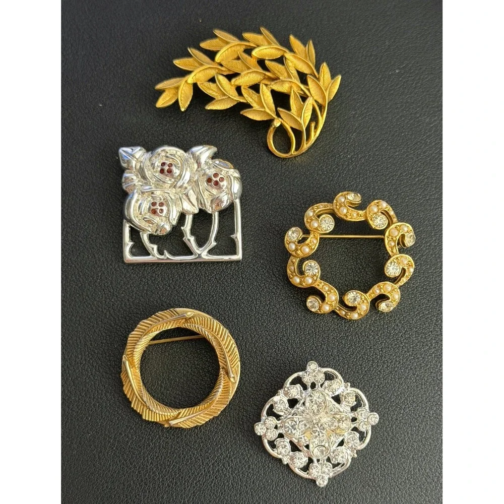 Vintage Brooch Lot Floral Rhinestone Gold Tone Silver Tone